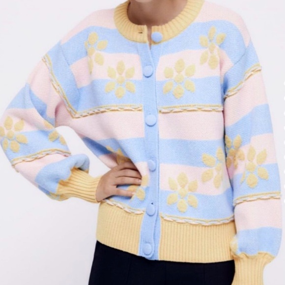 Zara Sweaters - Zara Pastel Blue and Pink Cardigan with Yellow Floral Accents